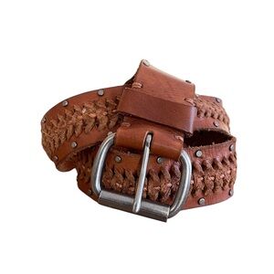 🤎 Buckle Brown Leather Woven Studded Belt Size Large Boho Western
